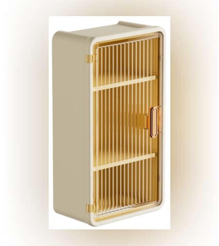 Organizator Cosmetice, Flippy, Montare pe Perete fara Perforare, 36.5x10.9x20 cm, cu 3 Rafturi, din PP si ABS, Bej, Usa Transparenta