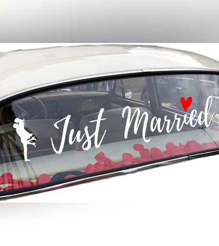 Sticker Autocolant, Flippy, Tematica Nunta, Model Indragostiti, cu Scris Just Married, 50x11.5 cm, Alb