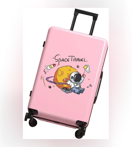 Troler de Calatorie, Flippy, 56 x 35 x 22 cm, 4 Roti, Maner Reglabil, din ABS, cu Fermoar, Blocare cu Cod, Impermeabil, Model Astronaut, Roz