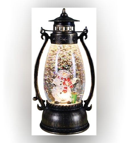 Decoratiune Luminoasa, Flippy, Felinar de Craciun, cu Lumina LED, Ornament Model Lampa cu Ulei Om de Zapada, cu Maner, 14x7x6 cm, Negru