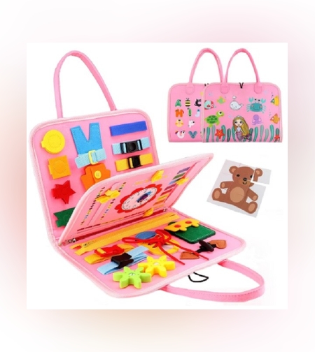 Carte Senzoriala Educativa Montessori, Flippy, Dezvoltare Abilitati Motorii, 3 Pagini, Model Sirena si Alfabet, 28x25x4 cm, Roz