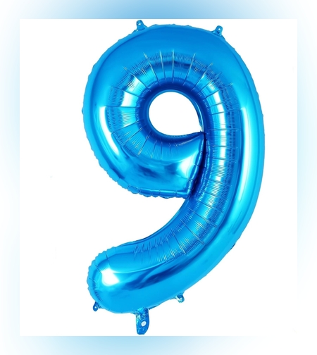 Balon din Folie Metalizata Flippy, Figurina Cifra, Tema Aniversare 40 cm, Ambalaj Individual, Pai inclus, Umflare cu Aer sau Heliu, Albastru, Cifra 9