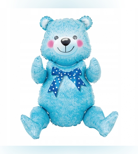 Balon din Folie Metalizata, Flippy, Figurina Animalute, Model Ursulet Asezat, Tematica Aniversare, 44x82.5 cm, Ambalaj Individual, Pai Inclus, Umflare cu Aer sau Heliu, Albastru