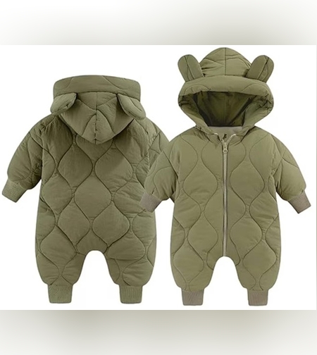 Combinezon de Iarna, Flippy, pentru Bebelusi, din Bumbac, cu Urechi, Mansete Elastice, Unisex, 73 cm, Verde