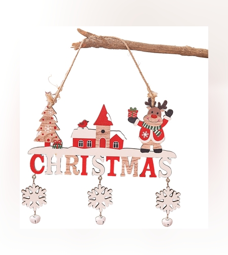 Decoratiune de Craciun din Lemn, Flippy, cu Snur pentru Agatare in Brad, Model Ren, Scris Let It Snow, 21.9x19 cm, Multicolor