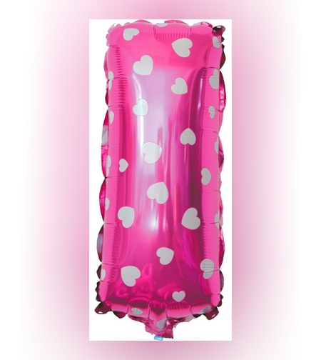 Balon Folie Metalizata Litera I, Flippy, 40 cm, Cu Imprimeu Inimioare, Umflati cu Heliu sau Aer, Ambalaj Individual, Pai inclus, Roz