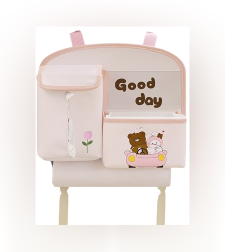 Geanta Multifunctionala de Depozitare, Flippy, pentru Bancheta din Spate a Masinii, Animat, Model Ursuleti, Scris Good Day, Suport Servetele si Telefon, 25x31 cm, Roz