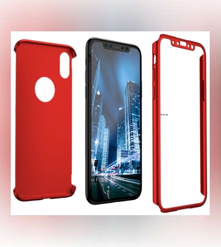 Set Husa si Folie de Protectie, Flippy, Compatibila cu Apple iPhone X, Full Cover 360°, Plastic + Sticla, Rosu