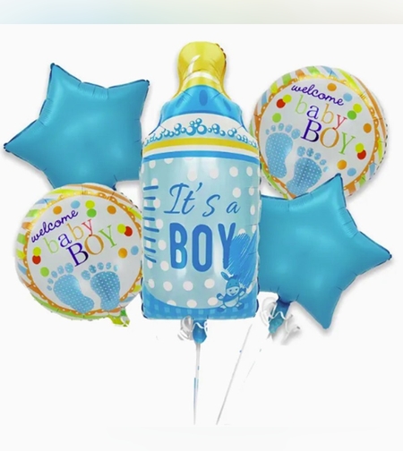 Baloane decorative GENDER REVEAL PARTY, Flippy, Figurina Sticluta, Model IT'S A BOY, Set din 5 baloane, 40 x 77 cm, pentru Botez, Albastru
