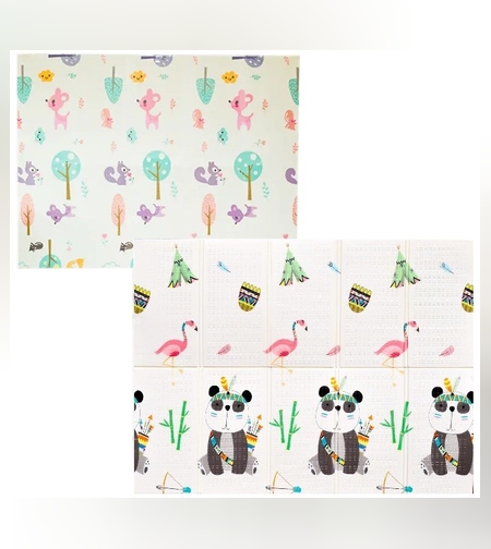 Covoras pentru Copii, Flippy, cu 2 Fete, Model Caprioare/Panda, din XPE+PE, Impermeabil, Antiderapant, Protectie Termica, +3 Luni, Pliabil, 150 x 200 x 1 cm, Multicolor