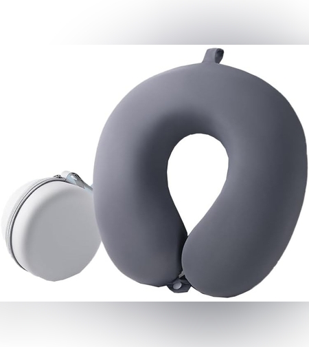 Perna de Calatorie in Forma de U, Flippy, Pentru Gat si Cap, Umplutura din Spuma cu Memorie, 30x30 cm, Sistem Prindere Capse, Cutie de Depozitare, Gri