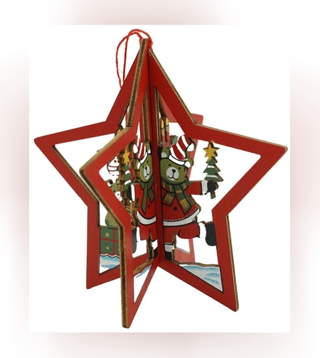 Ornament de brad stea, Flippy, multicolor, lemn, 10.5x9.5 cm