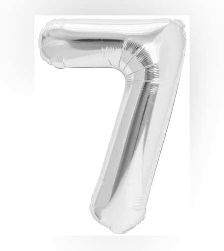 Balon din Folie Metalizata, Flippy, Figurina Cifra, Tema Aniversare 80 cm, Ambalaj Individual, Pai inclus, Umflare cu Aer sau Heliu, Argintiu, Cifra 7