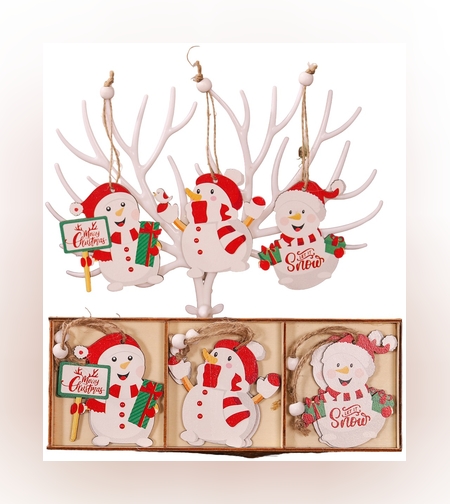 Set 9 Decoratiuni de Craciun din Lemn, Flippy, cu Snur pentru Agatare in Brad, Model Oameni de Zapada, 3 Modele, Diferite Dimensiuni, Multicolor