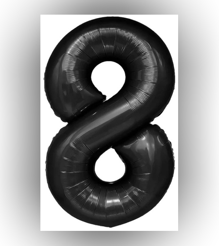 Balon din Folie Metalizata, Flippy, Figurina Cifra, Tema Aniversare 80 cm, Ambalaj Individual, Pai inclus, Umflare cu Aer sau Heliu, Negru, Cifra 8