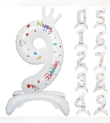 Balon din Folie Metalizata, Flippy, Figurina Cifra, Model 9 cu Happy Birthday Scris, Tema Aniversare 81 cm, Ambalaj Individual, Pai Inclus, Umflare cu Aer sau Heliu, Alb