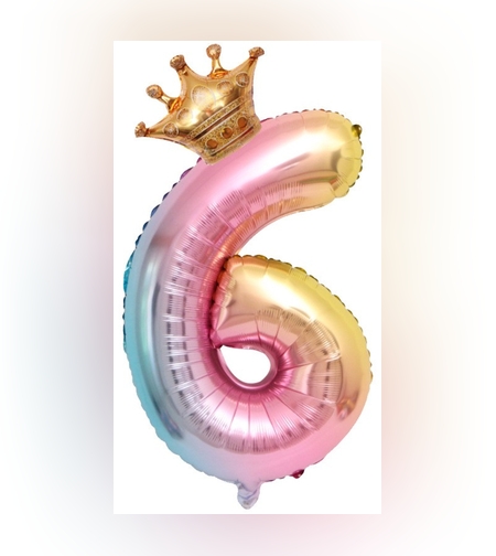 Balon din Folie Metalizata, Flippy, Figurina Cifra Gradient, Tema Aniversare 80 cm, Ambalaj Individual, Pai inclus, Umflare cu Aer sau Heliu, Coronita, Cifra 6