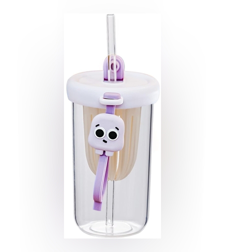 Pahar din silicon, cu capac si pai, pentru copii, Flippy, anti-cadere, compartiment pentru fructe/ceai/gheata, rezistent la temperaturi inalte, 500ml, Mov, 14.5x8.8x20 cm