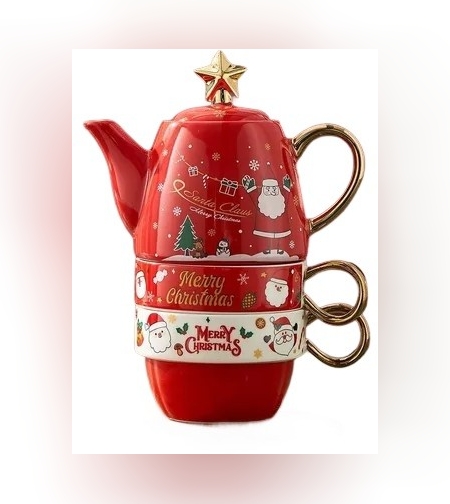 Set de Ceai, Flippy, Tema Craciun, Ceainic 450 ml, 2 Cani 250 ml, Model Mos Craciun, Rosu