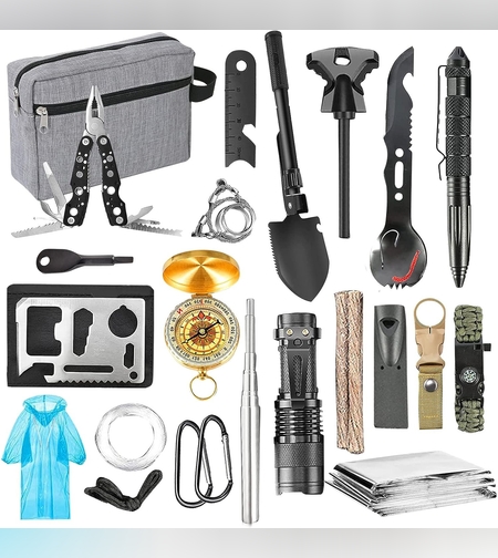 Kit supravietuire multifunctional Flippy, Instrumente profesionale, Agatatoare ghiozdan, pentru Camping, Drumetii, Aventuri in aer liber, borseta inclusa, gri