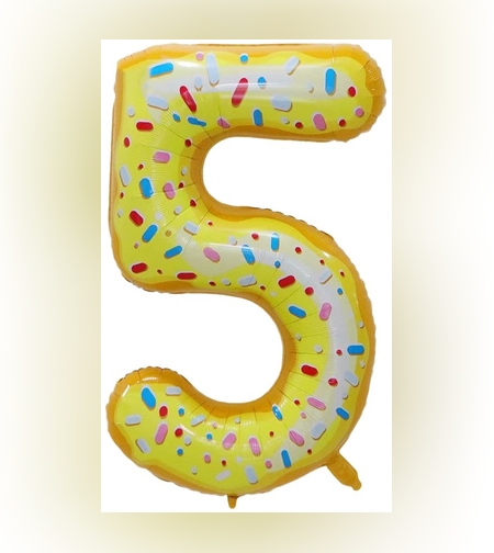 Balon din Folie Metalizata Flippy, Figurina Cifra, Imprimeu Gogosi, Tema Aniversare 100 cm, Ambalaj Individual, Pai inclus, Umflare cu Aer sau Heliu, Multicolor, Cifra 5
