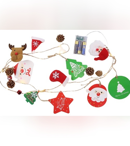 Instalatie Craciun cu baterii, 2 metri, 20 LED-uri tip Conuri de pin si figurine, Alb Cald, Flippy