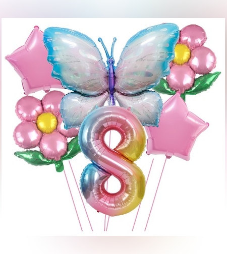 Set baloane aniversare cu numere, din folie de aluminiu, 6 piese, 2 flori, 2 stelute, 1 fluture, 1 cifra, Multicolor, Cifra 8