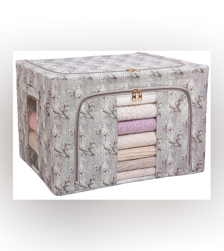 Cutie Depozitare, Flippy, 66L, din Material Textil, 50 x 40 x 33 cm, pentru Haine si Lenjerii, Model Flori de Primavara, Gri