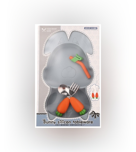 Set diversificare bebelusi Flippy, din silicon, 26 x 15 cm, 1 farfurie compartimentata in forma de iepure, lingurita si furculita, pai, perie pai, fara alergeni, ventuza fixare,  forma creativa,  bleumarin