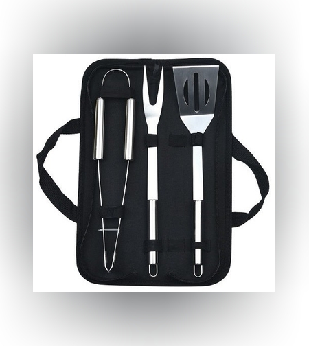 Set 3 Ustensile pentru Gratar, Flippy, din Otel Inoxidabil, Geanta Oxford, Argintiu