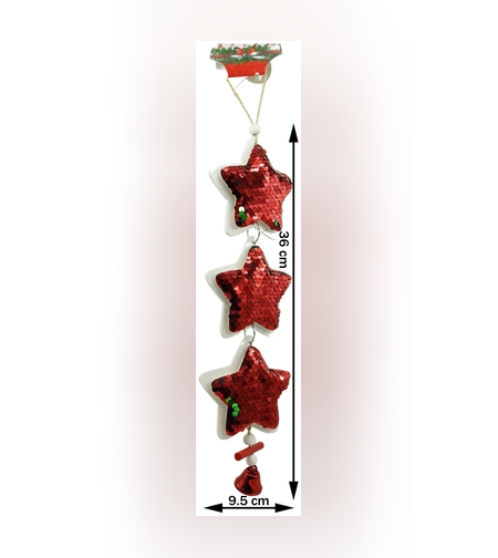 Ornament de brad trei stele cu paiete, Flippy, rosu, lemn, 36 cm