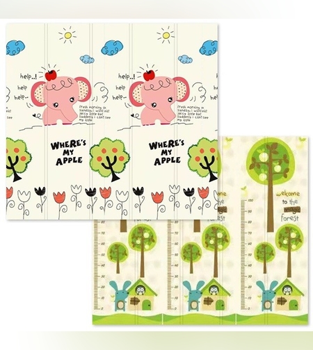 Covoras pentru Copii, Flippy, cu 2 Fete, Model Elefantei/Padure, din XPE+PE, Impermeabil, Antiderapant, Protectie Termica, +3 Luni, Pliabil, 150 x 200 x 1.5 cm, Multicolor