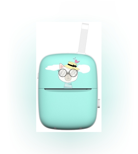 Set Mini Imprimanta Foto Portabila, Flippy, Include: 1x Set de Markere, 5x Role de Hartie Termica, 5x Role Hartie Adeziva, Incarcare USB, Bluetooth, Print Alb-Negru, Model Pisica, Albastru