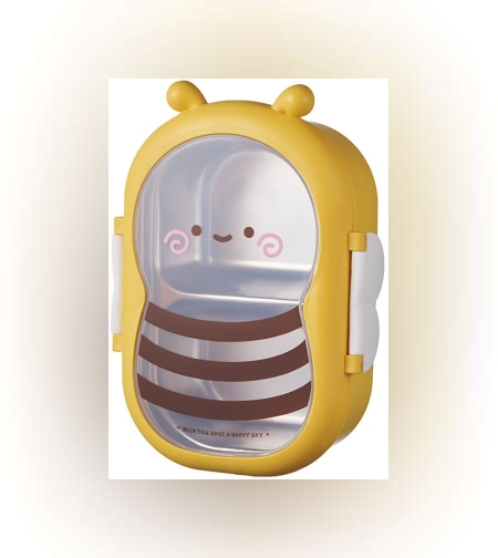 Cutie pentru Pranz, Flippy, din PP si Otel Inoxidabil, Model Albina, 2 Compartimente, 301-500 ml, Galben