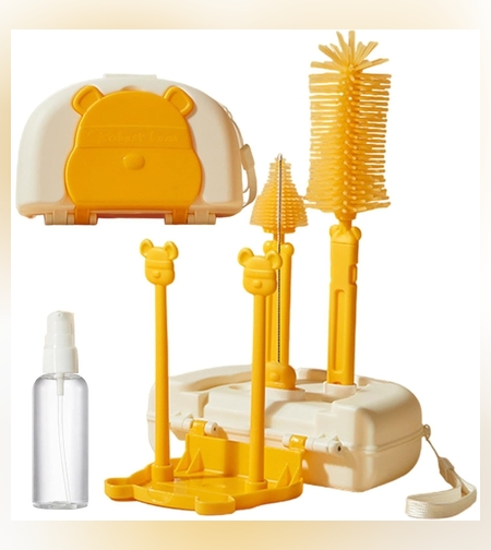 Set 7 Piese de Spalat/Uscat Biberoane, Flippy, Portabil, Peri de Silicon, pentru Tetine, Suzete, Biberoane, Paie, Cutie Inclusa, 16 x 11 x 5 cm, Model Ursulet, Galben