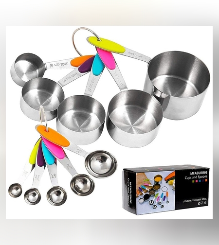 Set 10 Piese de Masurare, Flippy, 5 Linguri Gradate + 5 Cesti Gradate, Otel Inoxidabil + Silicon, 19 x 8 x 9 cm, Multicolor
