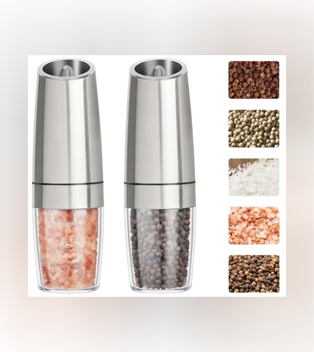 Set de 2 Rasnite electrice de Sare si Piper, Flippy, cu Camere Depozitare Transparente, Macinare, Functionare pe Baterii, cu Lumina, ABS, 20x6.5 cm, Argintiu/Transparent