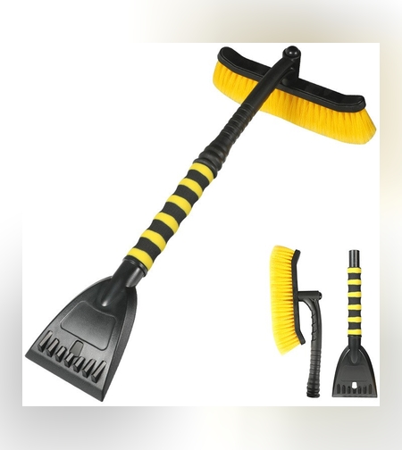 Perie de Zapada cu Racleta pentru Masina, Flippy, Multifunctionala, Rotativa, Demontabila, cu Maner Antiderapant, Aluminiu, Plastic, Fragmentarea Ghetii de pe Parbriz, Solutia pentru Iarna, pentru Dezghetare, 54x10.5x27 cm, Galbena