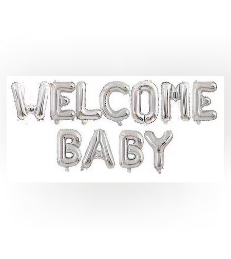 Set Baloane din Folie Metalizata, Flippy, Figurine Litere, Model Welcome Baby, Tema Aniversare, 40 cm, Ambalaj Individual, Pai inclus, Umflare cu Aer sau Heliu, Argintiu