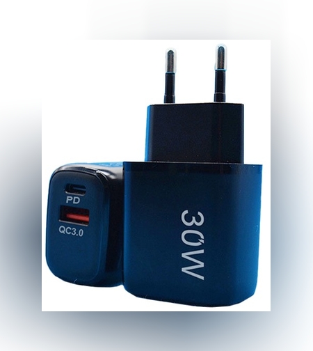 Incarcator Fast Charging pentru Telefon, Flippy, Dual Port USB-A si USB-C cu Cap de Incarcare Standard European, 30W Q.C 3.0, Negru