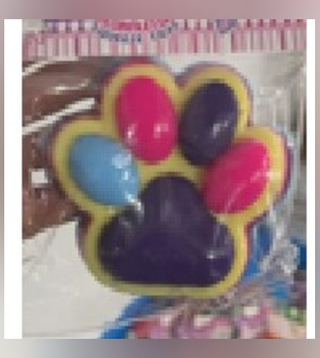 Jucarie Antistres Squishy, Flippy, cu Revenire Lenta, Labuta de Pisica Pufoasa, 8.5 x 7.5 cm, Ambalaj Transparent, Galben Mov inchis