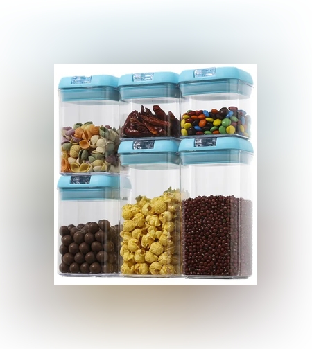 Set 6 Cutii de Depozitare Alimente, Flippy, 2 x 500ml, 2 x 800ml, 2 x 1200ml, Capac Albastru, din PP+PET, Inchidere Ermetica, Transparent