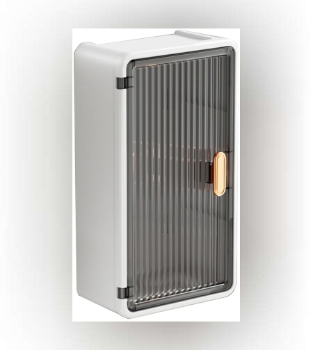 Organizator Cosmetice, Flippy, Montare pe Perete fara Perforare, 36.5x10.9x20 cm, din PP si ABS, Alb-Negru, Usa Transparenta