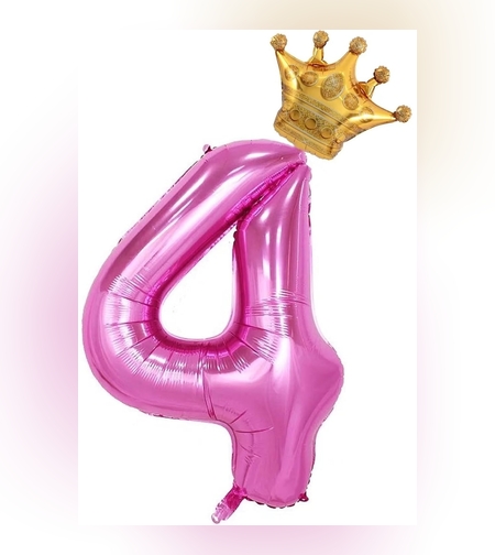 Balon din Folie Metalizata Flippy, Figurina Cifra si Coroana, Tema Aniversare 100 cm, Ambalaj Individual, Pai inclus, Umflare cu Aer sau Heliu, Roz, Cifra 4