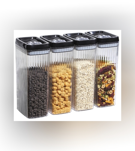 Set 4 Recipiente din Plastic, Flippy, pentru Alimente/Obiecte, Inchidere Ermetica, Textura Ondulata, 4 x 3.3 l, Transparent