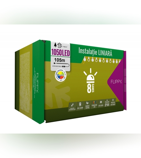 Instalatie Craciun, 105 m, 1050 Led-uri ,Liniara, Multicolor, 8 jocuri de lumini, Transformator, Interconectabila, Prelungitor 5 m inclus, Fir Verde, Flippy