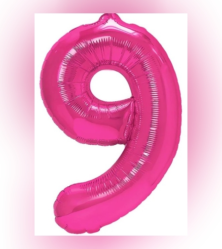 Balon din Folie Metalizata Flippy, Figurina Cifra, Tema Aniversare 40 cm, Ambalaj Individual, Pai inclus, Umflare cu Aer sau Heliu, Roz, Cifra 9