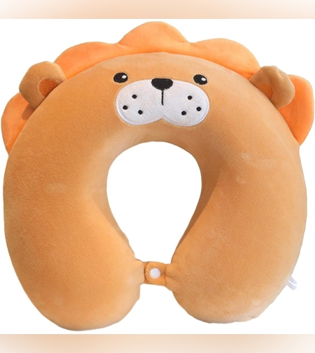 Perna de Calatorie in Forma de U, Flippy, Pentru Gat si Cap, Umplutura din Spuma cu Memorie, 30x30 cm, Model Leu, Accesoriu de Voiaj, Birou, Masina, Sistem Prindere Capse, Maro
