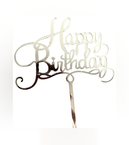 Decoratiune Topper pentru Tort, Flippy, Model Happy Birthday, Tematica Aniversare, 10 cm, Argintiu