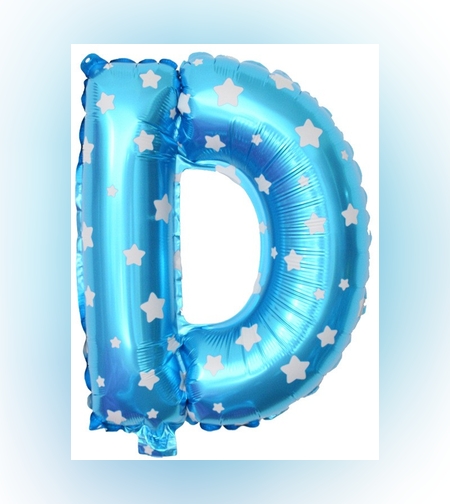 Balon Folie Metalizata Litera D, Flippy, 40 cm, Cu Imprimeu Stelute, Umflati cu Heliu sau Aer, Ambalaj Individual, Pai inclus, Albastru